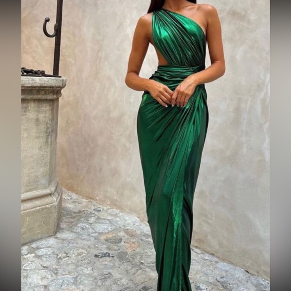 Elegant Metallic Green Evening Wrap Gown